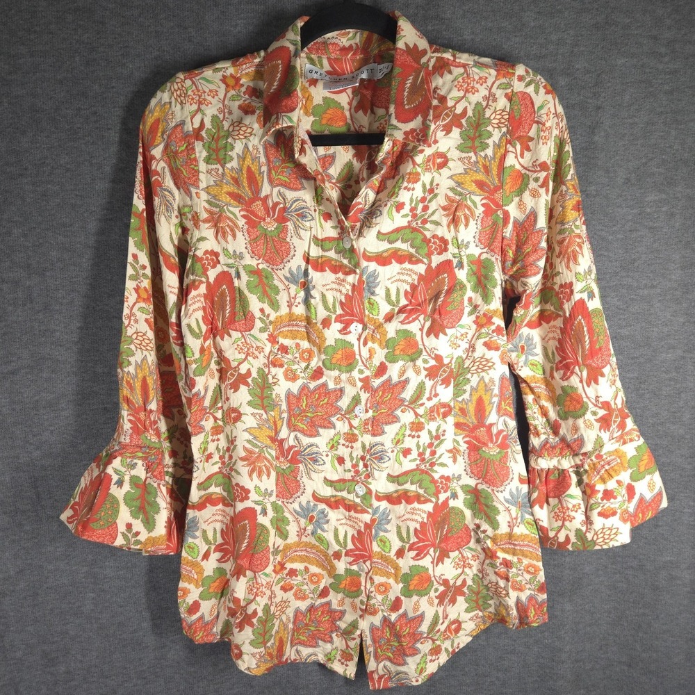 Gretchen Scott Floral Button Front Blouse Womens Medium Bell Sleeve Boho - Picture 9 of 13